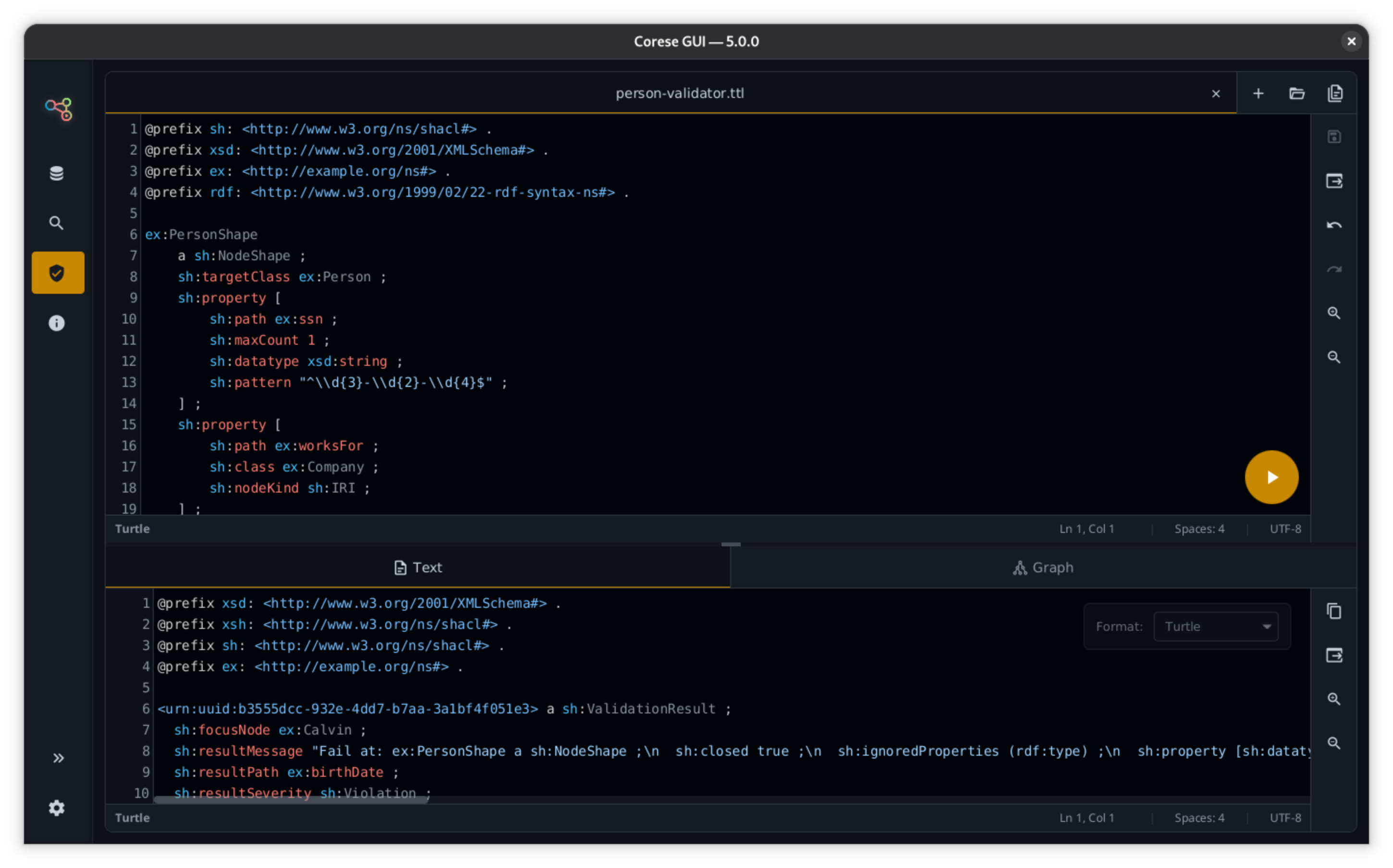 SHACL shapes editor in the validation workspace.
