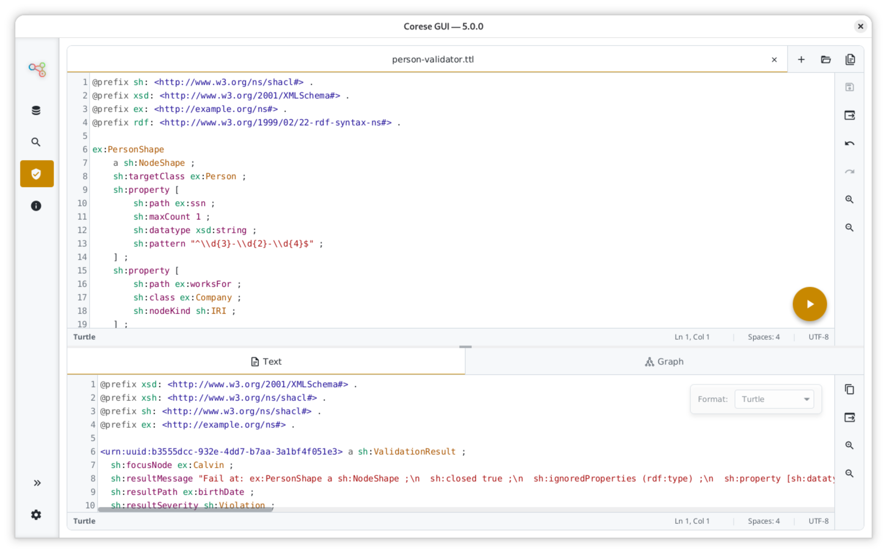 SHACL shapes editor in the validation workspace.