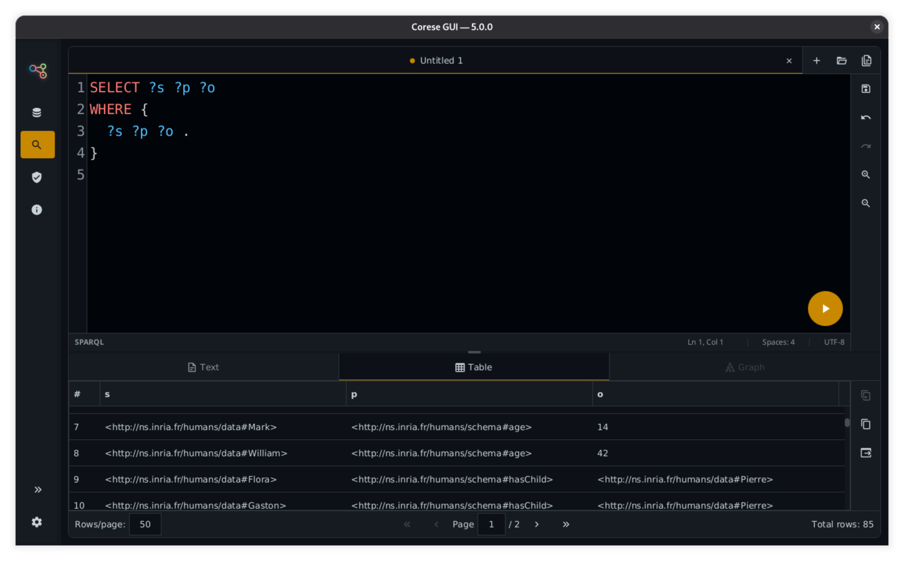 SPARQL SELECT results displayed in the table view.