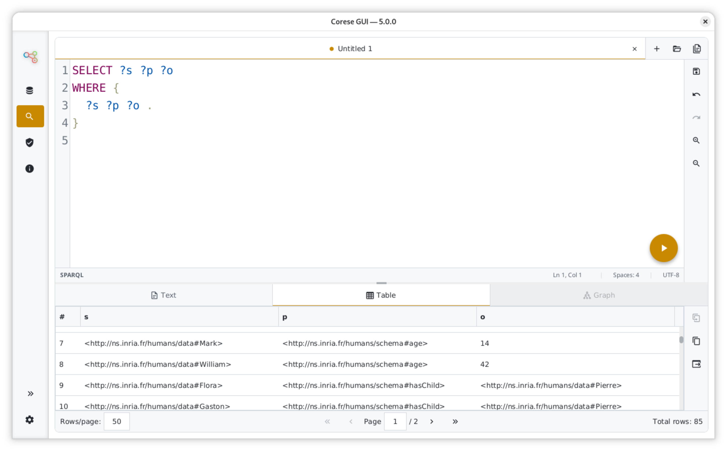 SPARQL SELECT results displayed in the table view.