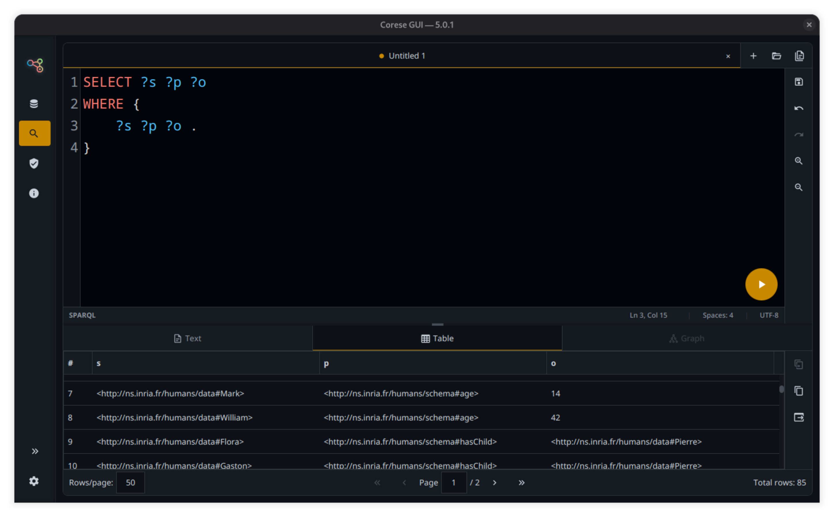 SPARQL SELECT results displayed in the table view.