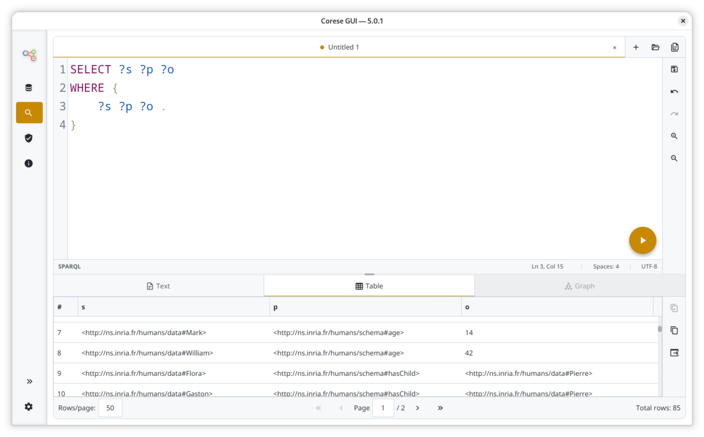 SPARQL SELECT results displayed in the table view.
