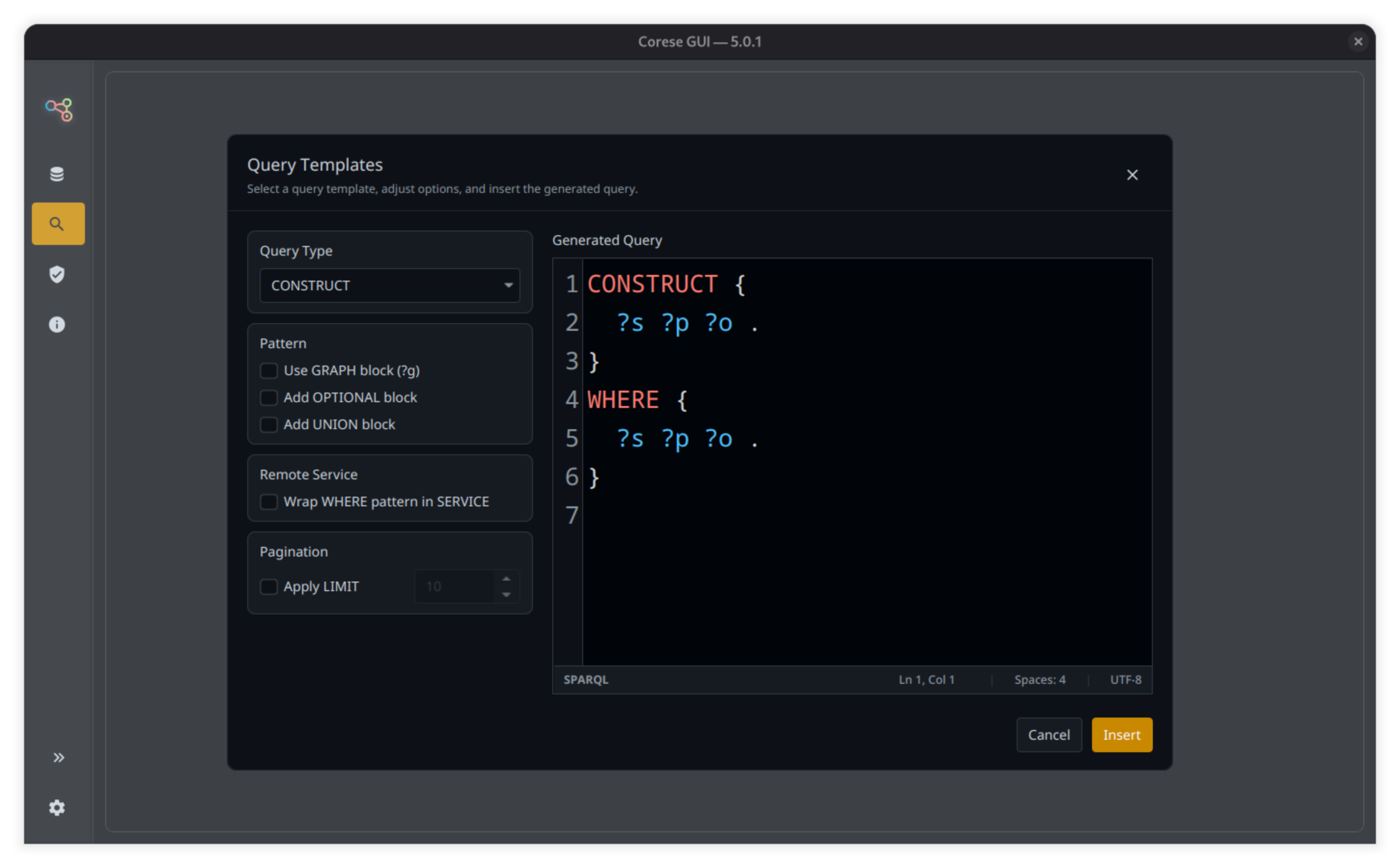SPARQL query template dialog.