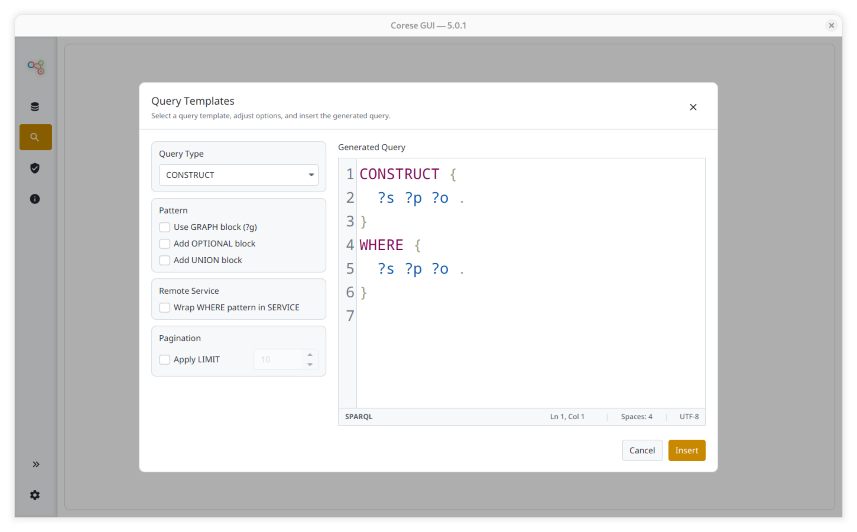 SPARQL query template dialog.