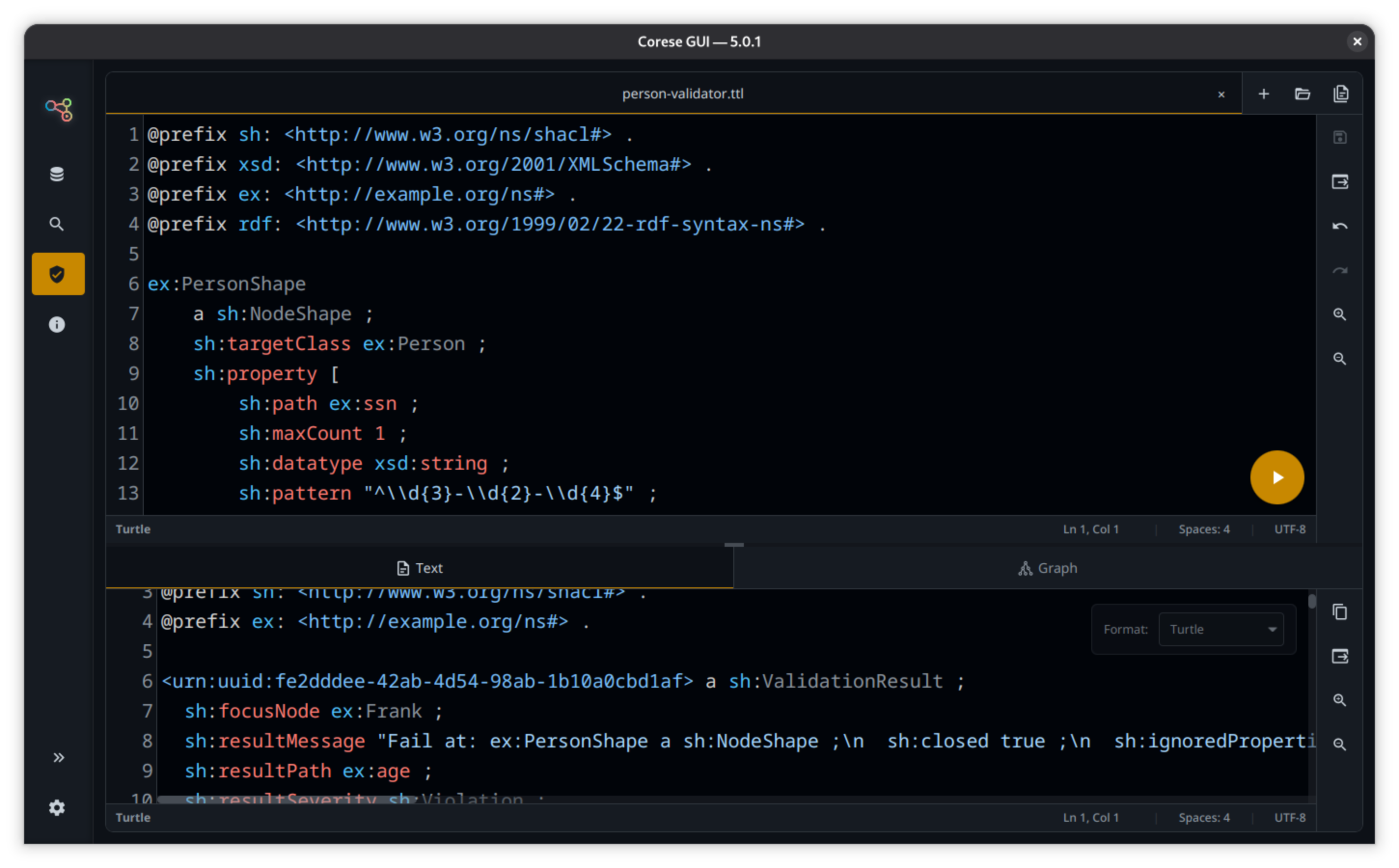 SHACL shapes editor in the validation workspace.