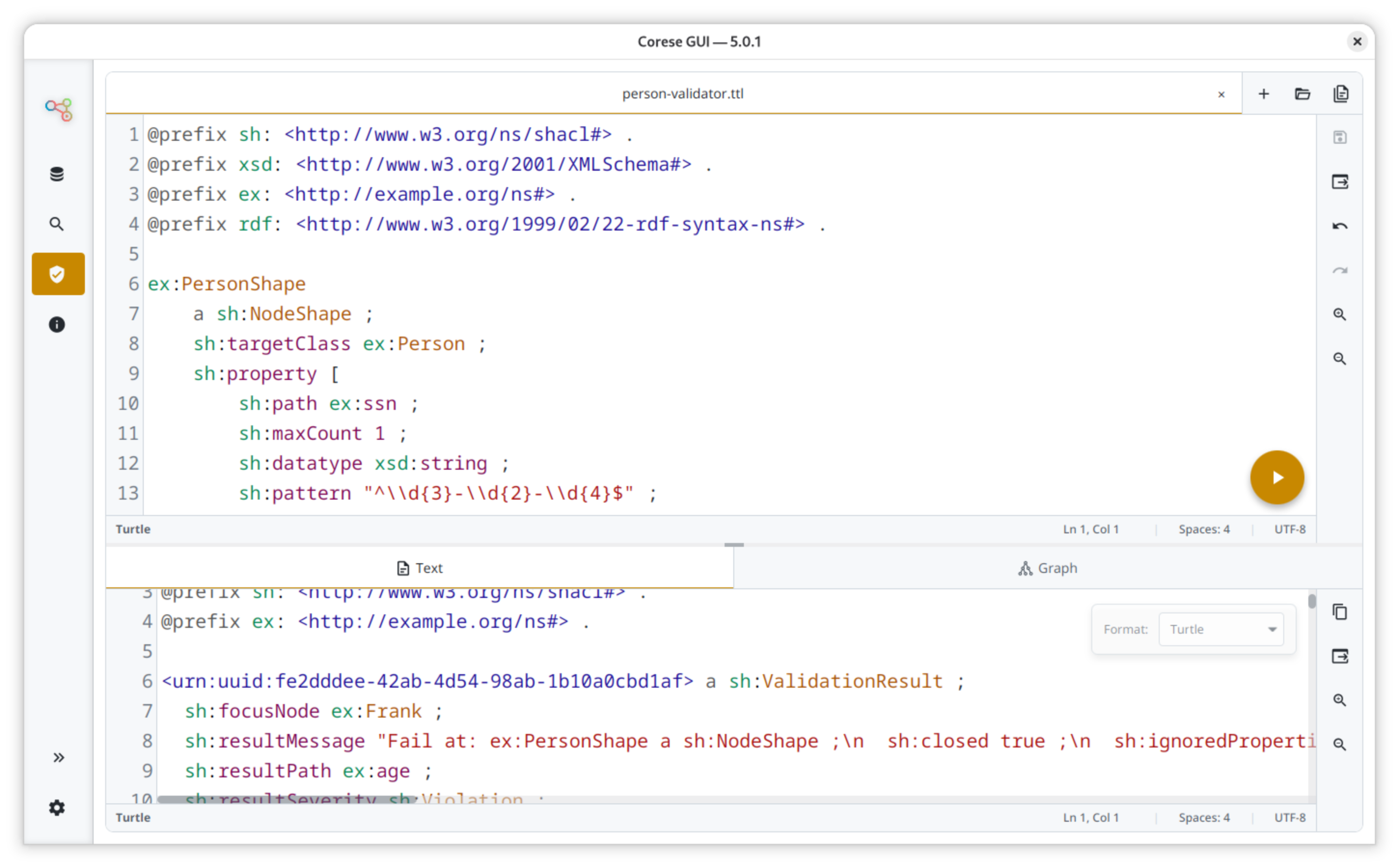 SHACL shapes editor in the validation workspace.